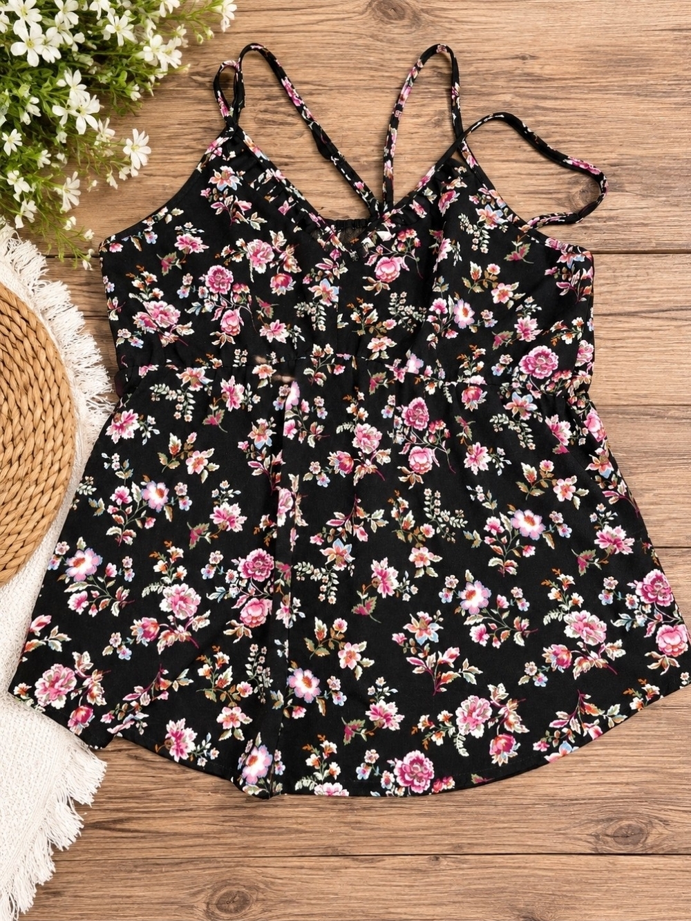 Maurices Black Floral Spaghetti Strap Cami with Pink Flowers